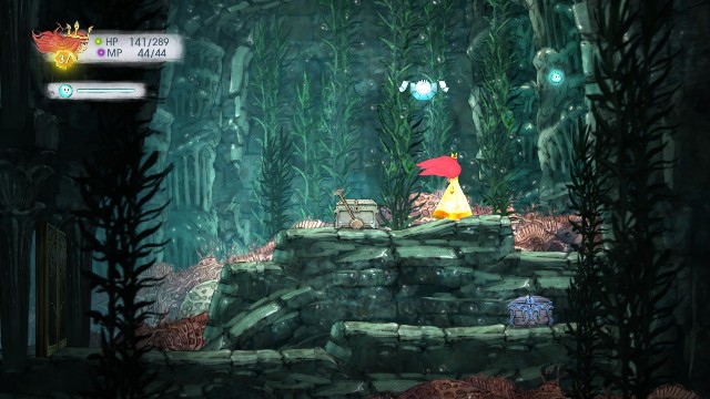 Tumbled Tourmaline falls out of the stone, Rough Sapphire in the box on the left and Potent Magic Potion on the right - Chapter 9 | Collectibles - Collectibles - Child of Light Game Guide