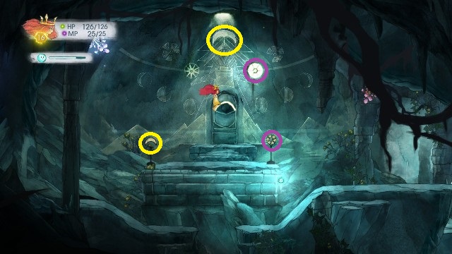 To open the door in the cave, you have to solve the puzzle, where you have to direct light from Igniculus to the correct symbol - Chapter 4 - The Deep Dark Well | Walkthrough - Walkthrough - Child of Light Game Guide