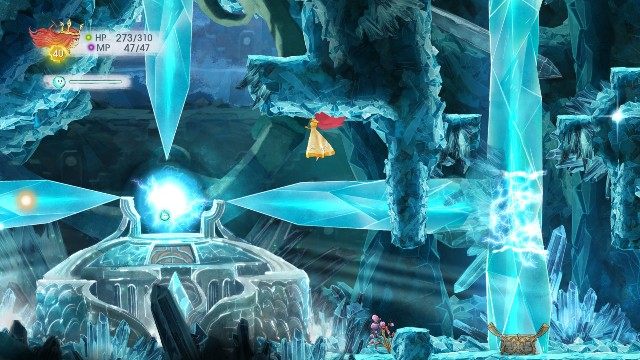 In the first part of this location, you have to watch out for the shards of ice that electricity flows through - Chapter 10 - The Lowest of the Low | Walkthrough - Walkthrough - Child of Light Game Guide