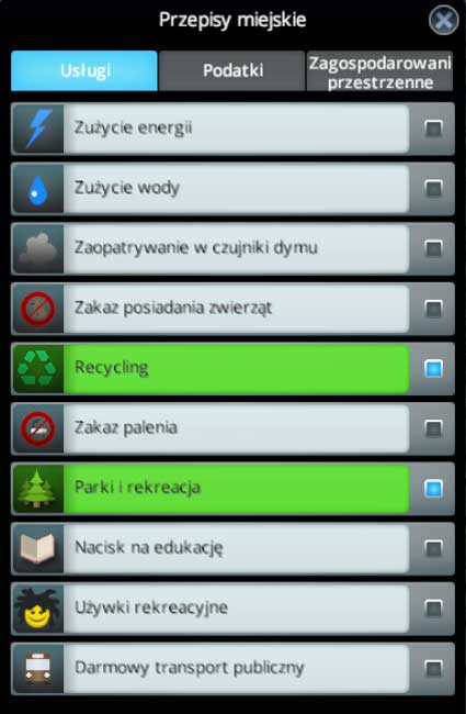 This panel allows you to adapt your city to specific standards by issuing optional laws connected to the way your city functions - Cities Skylines: Budget, policies - Mayor panel - Cities: Skylines Game Guide