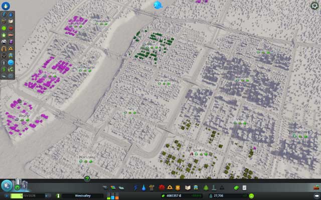 This view will color all buildings in the city that import or export commodities outside city borders - Cities Skylines: Commodities view - Mayor panel - Cities: Skylines Game Guide