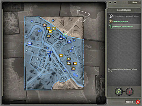 In the region of the crossroad marked with a green circle I placed a machinegun section and sappers (in the building on the right side of the road), infantry with a panzerschreck in the opposite building and a Luftwaffe unit equipped with a grenade launcher (behind some wrecked car) - Campaign