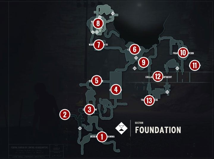 The map above shows 13 main areas of the Foundation sector that have their signatures and marking on the map in the game - Control The Foundation: Collectibles, Secrets - Secrets - Control Guide
