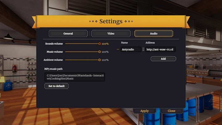 In addition to the ability to silence music (you cant turn of the menu music alone), there are 2 other interesting things, both related to music - and as the note next to the radio suggests, music will help your sanity, so you should take interest in this - Configuration and Options in Cooking Simulator - Appendix - Cooking Simulator Guide