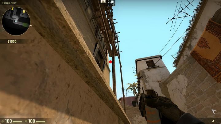 Stand in the spot shown in the above screenshot and aim at the space between the wooden beam and the wall - Mirage | Tournament maps in CS GO - Tournament Maps in Counter Strike: Global Offensive - CS GO Game Guide