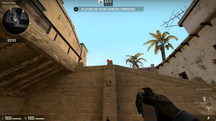 Stand on the narrow balcony with the wall behind your back and aim at the point shown in the above screenshot - Mirage | Tournament maps in CS GO - Tournament Maps in Counter Strike: Global Offensive - CS GO Game Guide