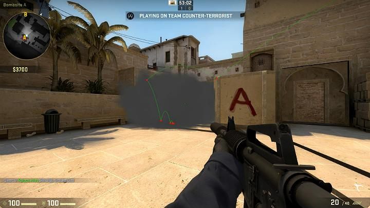 The grenade will bounce off the podium, then off the wall and cloud visibility of the players looking at spot A, where the bomb is to be planted, from the direction of the jungle and the passage - Mirage | Tournament maps in CS GO - Tournament Maps in Counter Strike: Global Offensive - CS GO Game Guide