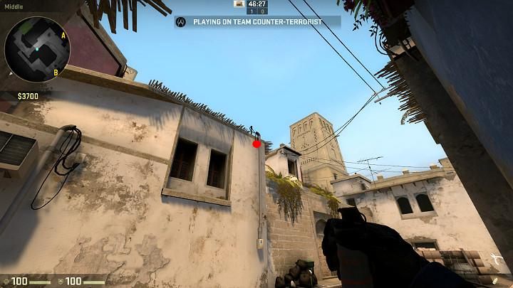 Stand with your back to the wall, in the spot shown on the screenshot and aim at the point shown above - Mirage | Tournament maps in CS GO - Tournament Maps in Counter Strike: Global Offensive - CS GO Game Guide