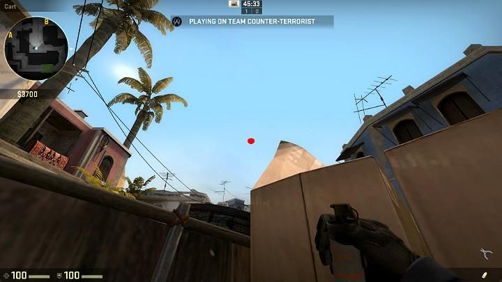While behind the aforementioned cardboard boxes, move as close to the cover as possible and look at the point shown on the screenshot - Mirage | Tournament maps in CS GO - Tournament Maps in Counter Strike: Global Offensive - CS GO Game Guide