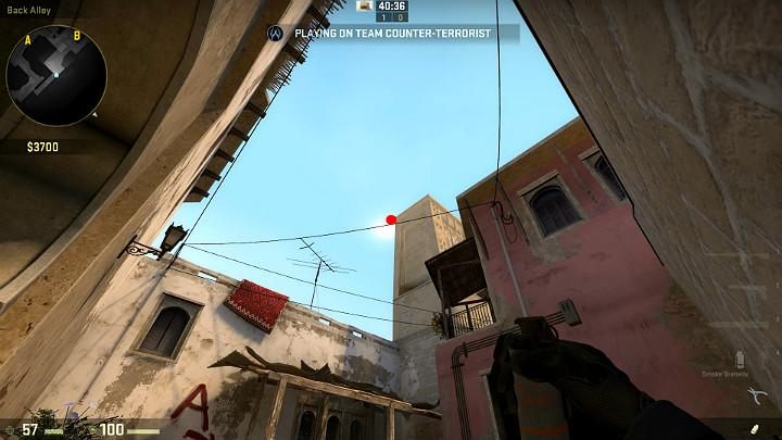 While in the corner of the building, with the wall behind your back, aim at the point shown in the above screenshot - Mirage | Tournament maps in CS GO - Tournament Maps in Counter Strike: Global Offensive - CS GO Game Guide