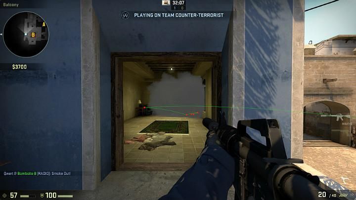 The grenade will fly into the corridor and completely block off the vision of the players inside the building, or those camping in the vantage points in front of the entrance and looking towards the van - Mirage | Tournament maps in CS GO - Tournament Maps in Counter Strike: Global Offensive - CS GO Game Guide