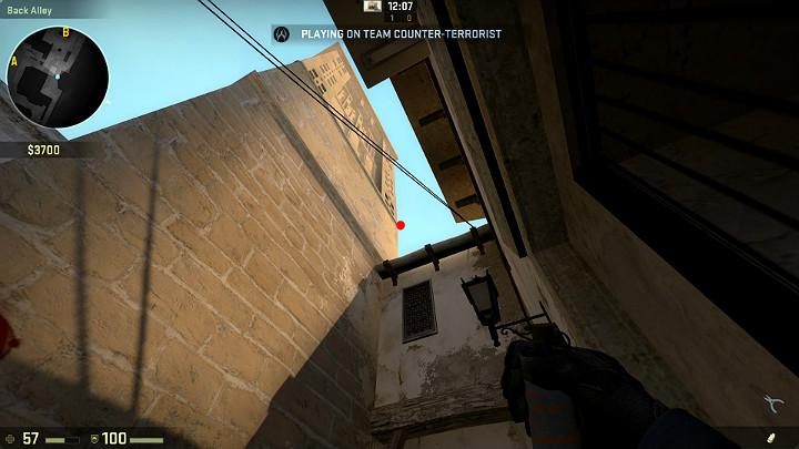 Stand right next to the door and aim at the point shown in the above screenshot - Mirage | Tournament maps in CS GO - Tournament Maps in Counter Strike: Global Offensive - CS GO Game Guide