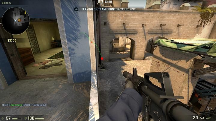 The grenade will bounce off the wall, fly towards its target and blind all players looking towards the balcony from point B, or from the direction of the passage into the center - Mirage | Tournament maps in CS GO - Tournament Maps in Counter Strike: Global Offensive - CS GO Game Guide