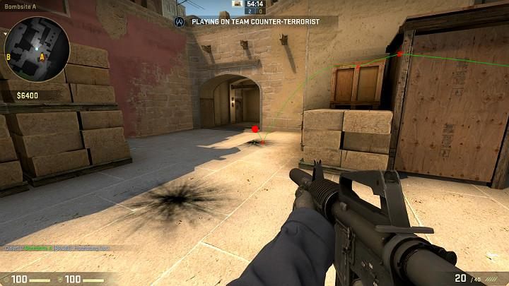 The grenade will cross the fissure between the building and the wooden structure, bounce off the crate and go off in the marked spot - Mirage | Tournament maps in CS GO - Tournament Maps in Counter Strike: Global Offensive - CS GO Game Guide