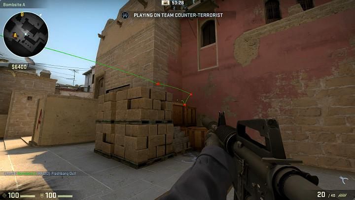 The grenade will bounce off the wall, go off on the crates and blind opponents looking from the direction of the tunnel, while you remain safe - Mirage | Tournament maps in CS GO - Tournament Maps in Counter Strike: Global Offensive - CS GO Game Guide
