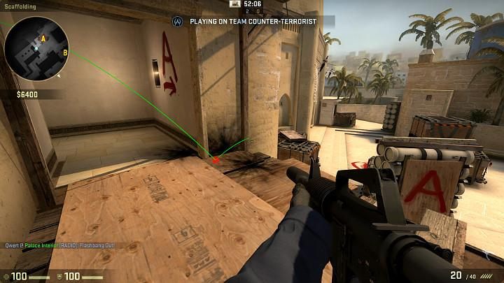 The grenade will bounce off the wall, then off the plank, go off and blind all of the players looking towards the entrance from the direction of point A - Mirage | Tournament maps in CS GO - Tournament Maps in Counter Strike: Global Offensive - CS GO Game Guide