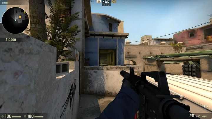 The screenshot shows the perspective of a player standing on the barrel - Mirage | Tournament maps in CS GO - Tournament Maps in Counter Strike: Global Offensive - CS GO Game Guide