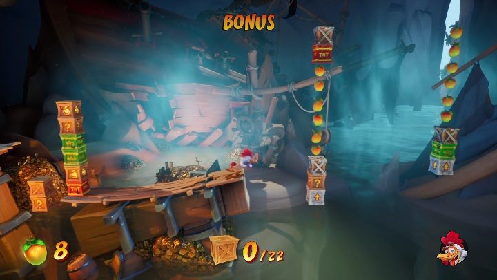 In this bonus level you can get 22 boxes - Crash 4: Booty Calls walkthrough - Salty Wharf, 1717 - Crash 4 Guide, Walkthrough