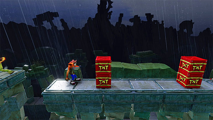 Wait for the first statue to stop spewing fire and continue through the platform - Crash Bandicoot N. Sane Trilogy: Ruination - Crash Bandicoot N. Sane Trilogy: Crash Bandicoot 2 - Alpine Warp Room - Crash Bandicoot N. Sane Trilogy Game Guide
