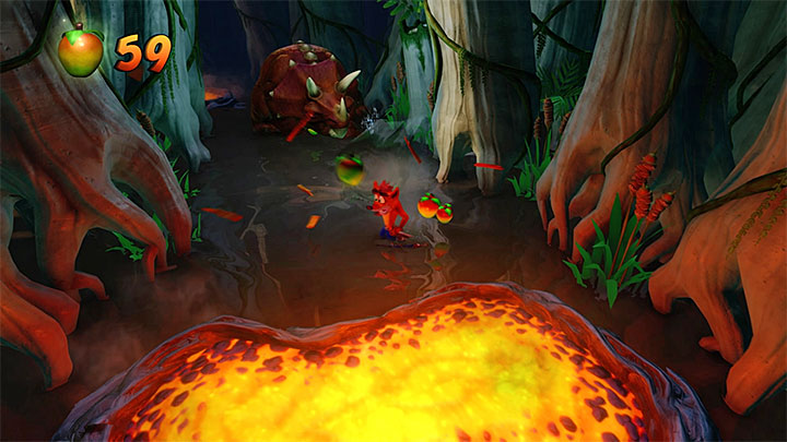 The moment in which you run away from a giant triceratops starts after you start the level and destroy three crates that are nearby (dont worry if you dont manage to destroy them all, the dinosaur will help you) - Crash Bandicoot N. Sane Trilogy: Bone Yard - Crash Bandicoot N. Sane Trilogy: Crash Bandicoot 3 - Medieval location - Crash Bandicoot N. Sane Trilogy Game Guide