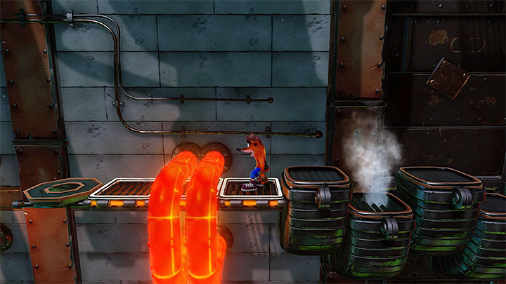 When you are on a new conveyor belt you must go right and jump on a platform that will take you to the higher level - Crash Bandicoot N. Sane Trilogy: Castle Machinery - Crash Bandicoot N. Sane Trilogy: Crash Bandicoot - Cortex Island - Crash Bandicoot N. Sane Trilogy Game Guide