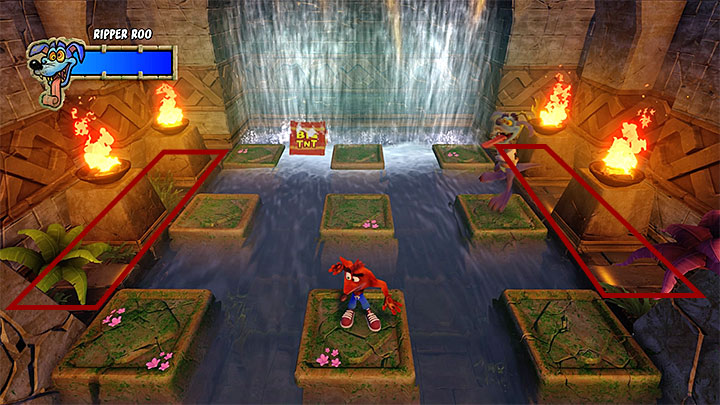 This fight takes place on nine green platforms surrounded by water - this means you must perform very precise jumps, so that you dont jump into the water and die - Crash Bandicoot N. Sane Trilogy: Ripper Roo Boss Fights - Crash Bandicoot N. Sane Trilogy: Crash Bandicoot boss fights - Crash Bandicoot N. Sane Trilogy Game Guide