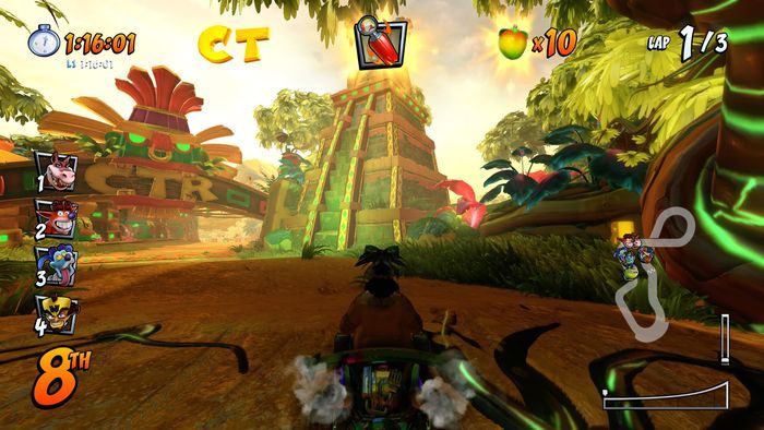 The letter C is in a shortcut, jump on the gears and jump on the last gear to catch the letter in flight - CTR Mode - Crash Nitro Cart in Crash Team Racing Nitro-Fueled - Game modes - Crash Team Racing Nitro-Fueled Guide