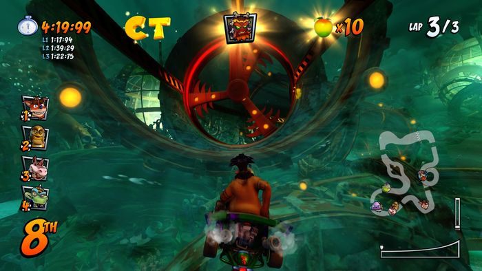 You will find the letter C on the drop, jump out at the right time and catch it in flight - CTR Mode - Crash Nitro Cart in Crash Team Racing Nitro-Fueled - Game modes - Crash Team Racing Nitro-Fueled Guide