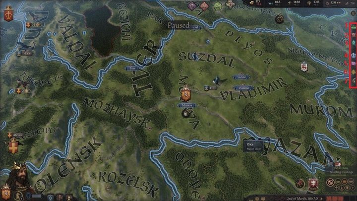 Below you will find seven icons related to: kingdom management (1), military matters (2), the council (3), the court (4), intrigues (5), factions (6) and decisions (7) - Crusader Kings 3: Interface Guide - Basics - Crusader Kings 3 Guide