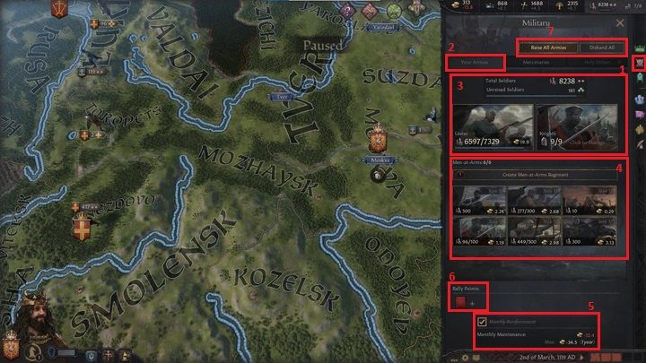 The next icon (1) concerns military matters - Crusader Kings 3: Interface Guide - Basics - Crusader Kings 3 Guide