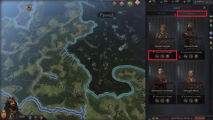 The second tab (1) in this window contains a list of your prisoners - Crusader Kings 3: Interface Guide - Basics - Crusader Kings 3 Guide