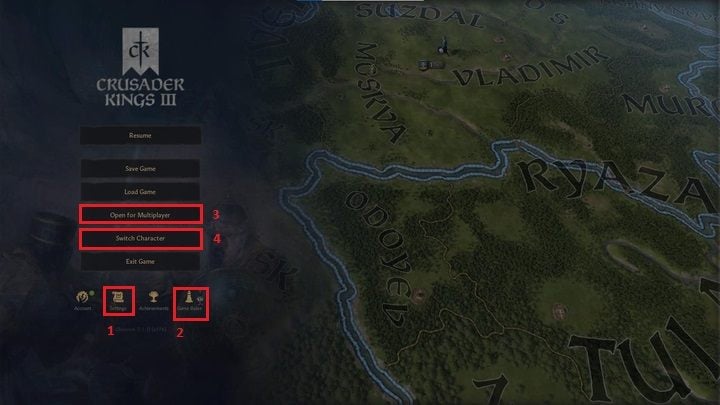 It allows you to modify the standard settings (1), check the rules of the game set before its start (2), as well as switch the game to online mode (3) and change the character you are playing as (4) - Crusader Kings 3: Interface Guide - Basics - Crusader Kings 3 Guide