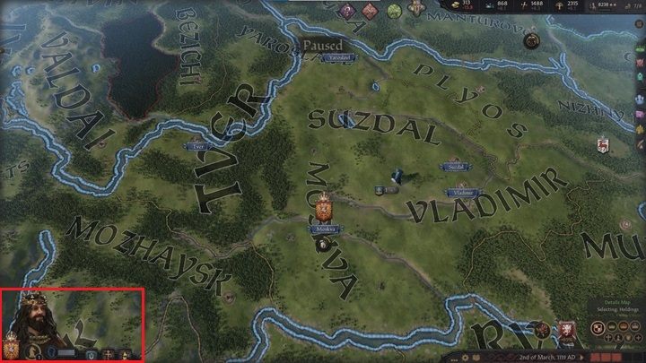 In the lower left corner of the screen, you will find icons related to your ruler, dynasty as well as religion and culture - Crusader Kings 3: Interface Guide - Basics - Crusader Kings 3 Guide