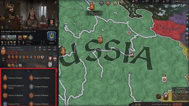 If you click on Titles (1) or Claims (2) at the bottom of the character window (3), you will see a complete list of the titles or claims you have - Crusader Kings 3: Interface Guide - Basics - Crusader Kings 3 Guide