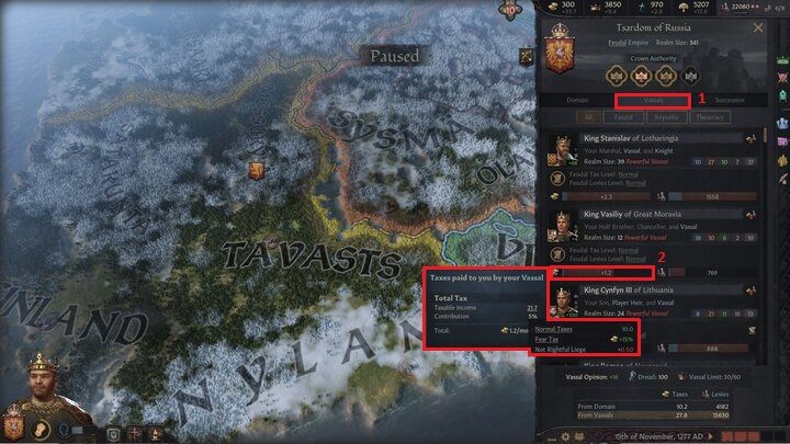Using the Vassals tab (1), you can get equally detailed data on taxes imposed on your vassals - Crusader Kings 3: Gold and buildings - Kingdom management - Crusader Kings 3 Guide