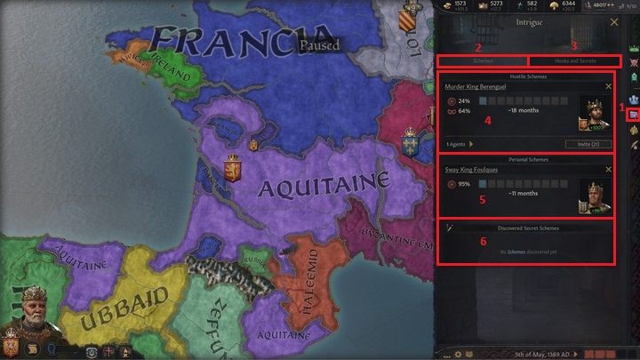 After opening the schemes window (1), you will see two tabs: Schemes - 2 and Hooks and Secrets - 3 - Crusader Kings 3: Council and court - Kingdom management - Crusader Kings 3 Guide