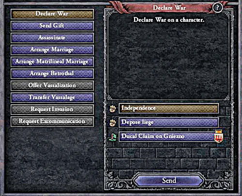 Usually its better to take over the crown from the sovereign, than fighting for independence. - How to declare a war? - Military - Crusader Kings II - Game Guide and Walkthrough