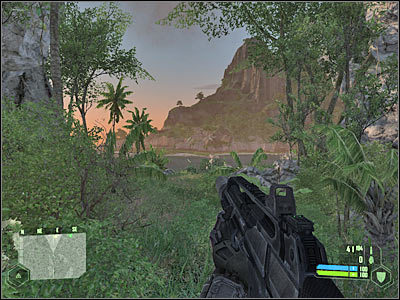 You should be crouching here, so you wont raise any alarms - Crysis: Mission 1, Contact - part 4, walkthrough - Mission 1 - Contact - Crysis Game Guide