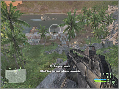 Start off by sliding down towards the encampment - Crysis: Mission 1, Contact - part 4, walkthrough - Mission 1 - Contact - Crysis Game Guide