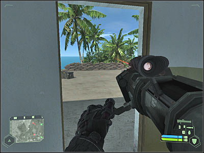 You should consider hiding near one of the sandbags - Crysis: Mission 2, Recovery - part 6, walkthrough - Mission 2 - Recovery - Crysis Game Guide