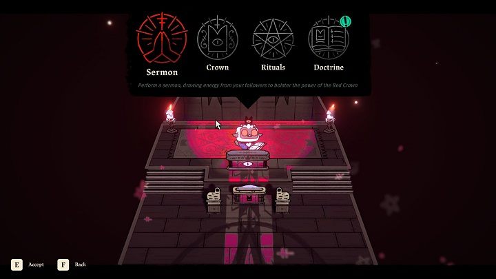 Most of your cult's rites of worship take place in the temple, so you should visit it daily to perform rituals and acquire new doctrines - Cult of the Lamb: Beginners guide - Basics - Cult of the Lamb Guide