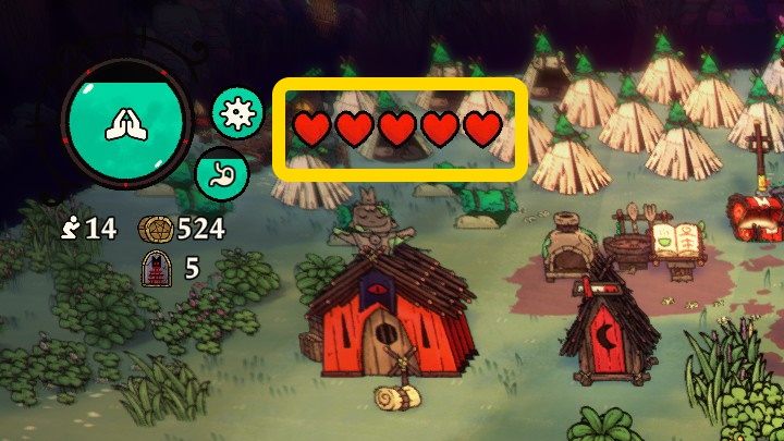 Your base number of Hearts determining how many hits you can take is displayed here - Cult of the Lamb: Game interface - Basics - Cult of the Lamb Guide