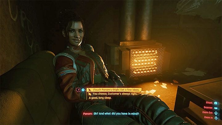 2) Choose any dialog option marked with a hand icon - You can try to put your hand on Panama's thigh (first dialog option - don't worry about its result because the affair won't be failed) or let her take over (second dialog option) - Cyberpunk 2077: Panam Palmer - romances/sex - Cyberpunk 2077: Romances - Cyberpunk 2077 Guide