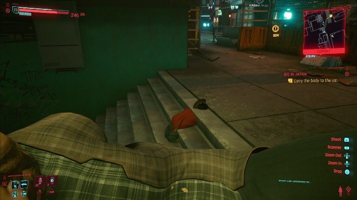 When you open the fridge a man falls out of it - take him in your hands and carry him to the car - Cyberpunk 2077: Big in Japan walkthrough - Cyberpunk 2077: Exploration Side missions - Cyberpunk 2077 Guide