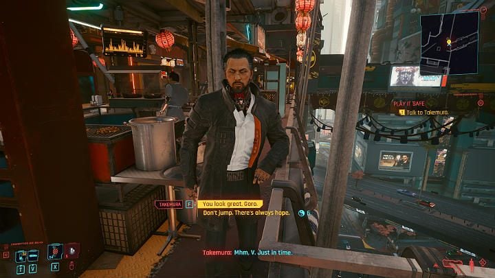 Go to the marketplace in Japantown to talk to Takemura - Cyberpunk 2077: Play It Safe walkthrough - Cyberpunk 2077: Act 2 Main missions - Cyberpunk 2077 Guide