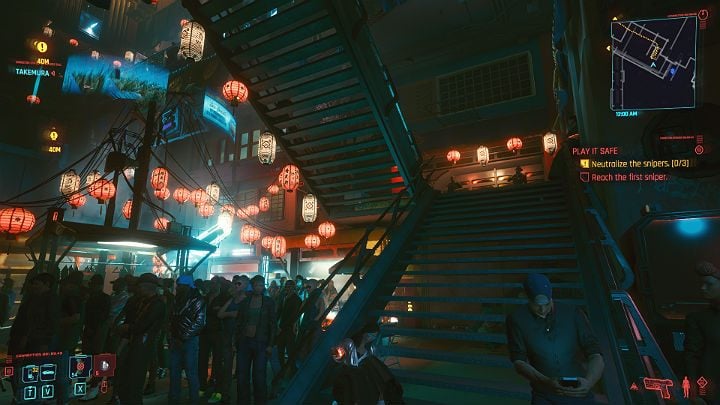 Go through the crowd to the front and then turn left - Cyberpunk 2077: Play It Safe walkthrough - Cyberpunk 2077: Act 2 Main missions - Cyberpunk 2077 Guide