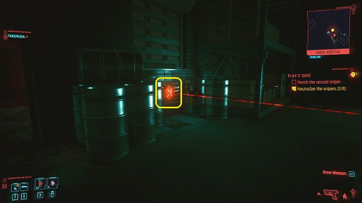 Go through the door on the left and neutralize another mine (disarm, detonate) or jump over the laser - Cyberpunk 2077: Play It Safe walkthrough - Cyberpunk 2077: Act 2 Main missions - Cyberpunk 2077 Guide