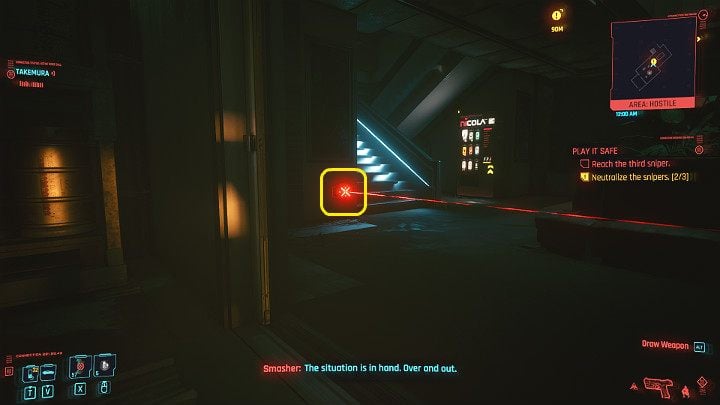 Open the double door and neutralize the mine (or jump over the laser), then go up to the higher floor - Cyberpunk 2077: Play It Safe walkthrough - Cyberpunk 2077: Act 2 Main missions - Cyberpunk 2077 Guide