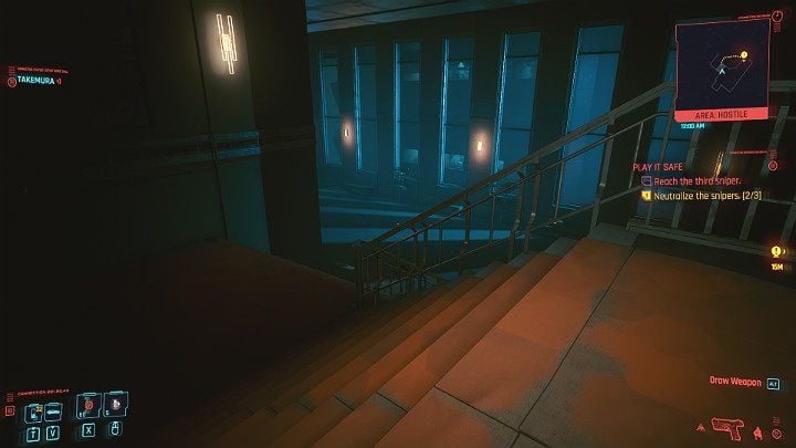 When you get off the elevator, go down the stairs on the left when the drones patrolling the area will not look through the windows - Cyberpunk 2077: Play It Safe walkthrough - Cyberpunk 2077: Act 2 Main missions - Cyberpunk 2077 Guide