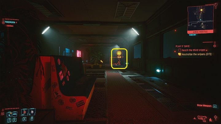 No matter which path you choose, you will get to the footbridge, patrolled by another sniper - get him from behind and eliminate him or shoot the mine, and the explosion will kill the sniper immediately - Cyberpunk 2077: Play It Safe walkthrough - Cyberpunk 2077: Act 2 Main missions - Cyberpunk 2077 Guide